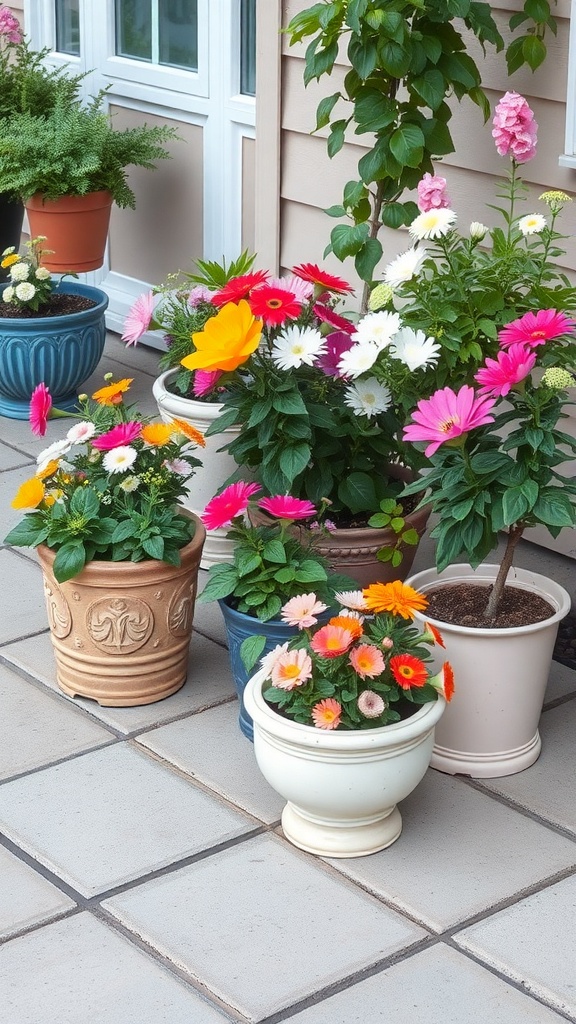 Colorful flower pots with various flowers arranged on a patio.