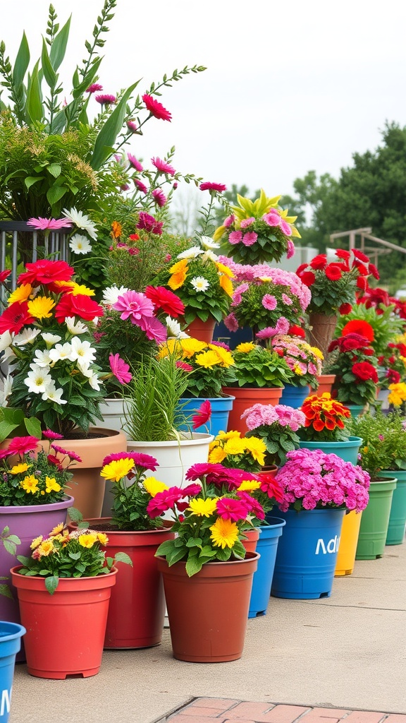 Colorful flower pots filled with various flowers in a vibrant display.