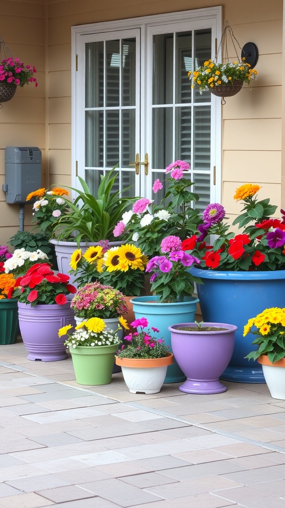 Colorful flower pots with various flowers arranged outside a house.