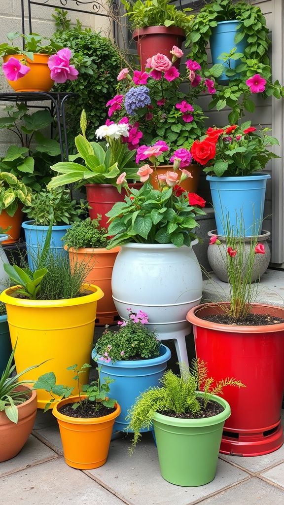 A colorful display of various potted plants in different sizes and colors, showcasing a vibrant container garden.