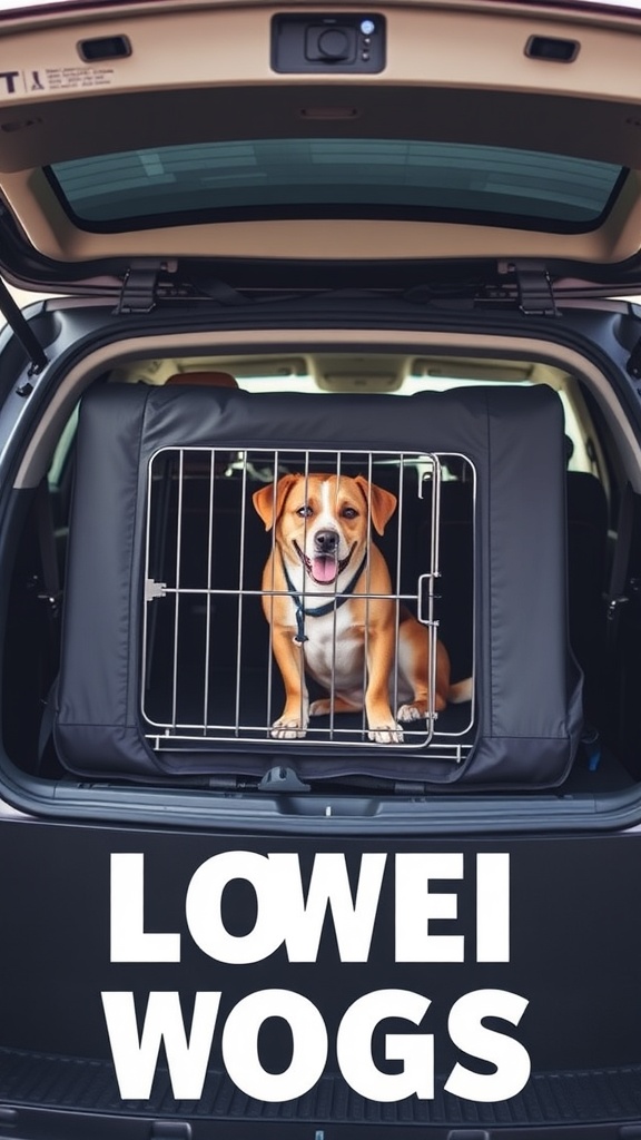A happy dog in a convertible crate inside a car, showcasing a travel-friendly design.