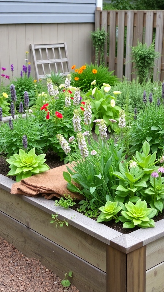 Colorful cottage-style raised garden beds filled with flowers and herbs.