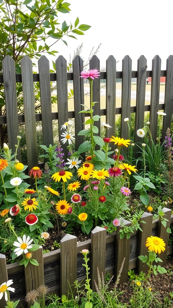 A colorful flower bed with various flowers like daisies and sunflowers, framed by a rustic wooden fence.