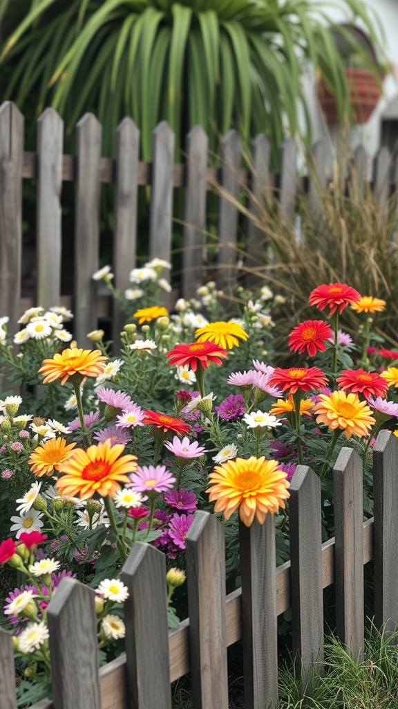 A colorful flower bed surrounded by a wooden picket fence, featuring various flowers like daisies and gerbera daisies.