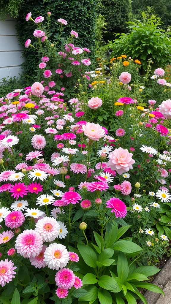 A vibrant cottage garden filled with pink, white, and yellow flowers, showcasing a mix of daisies and dahlias.