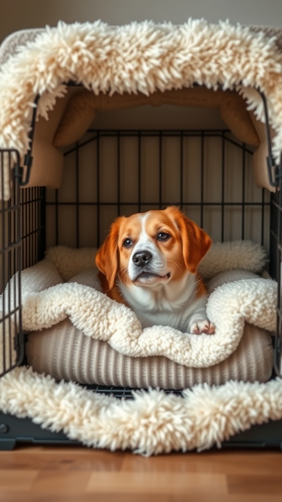 A cozy dog crate with a fluffy bed and a relaxed dog inside.