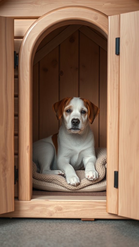 A relaxed dog inside a cozy wooden dog house with a soft bed.