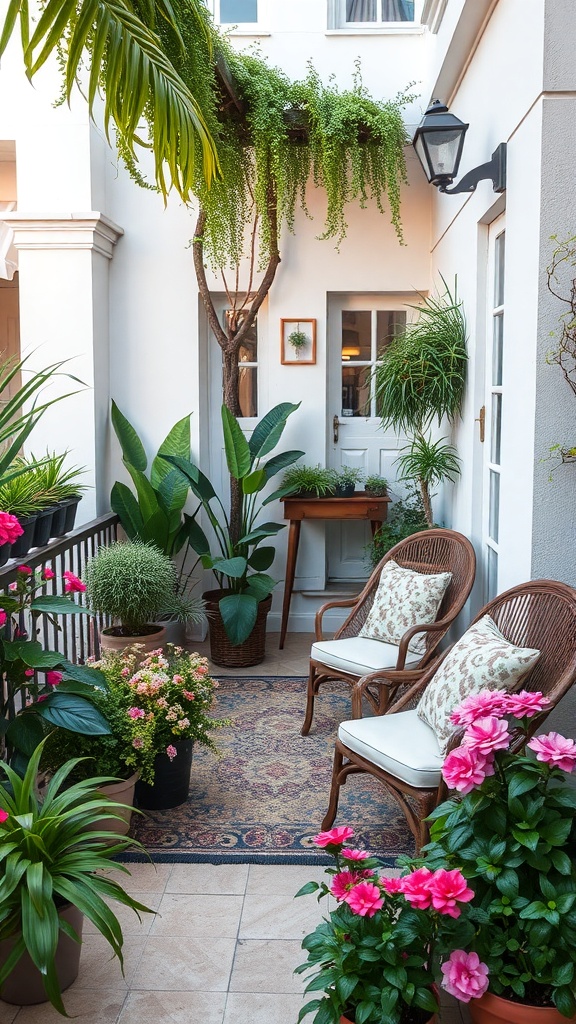 A cozy balcony with two chairs surrounded by various plants and flowers.