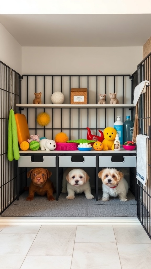 Organized dog crate with toys, grooming supplies, and three dogs peeking out