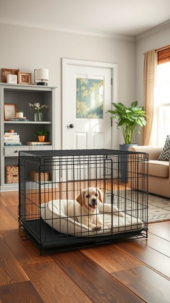 A happy dog resting in a crate with a soft bed in a cozy living room setting.
