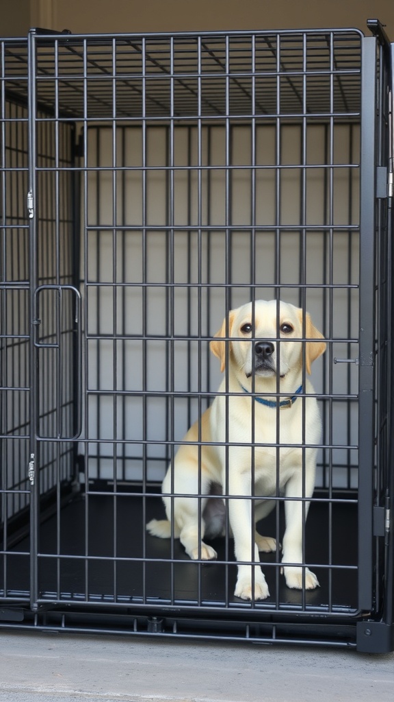 A calm dog sitting inside a sturdy metal crate with a secure lock.