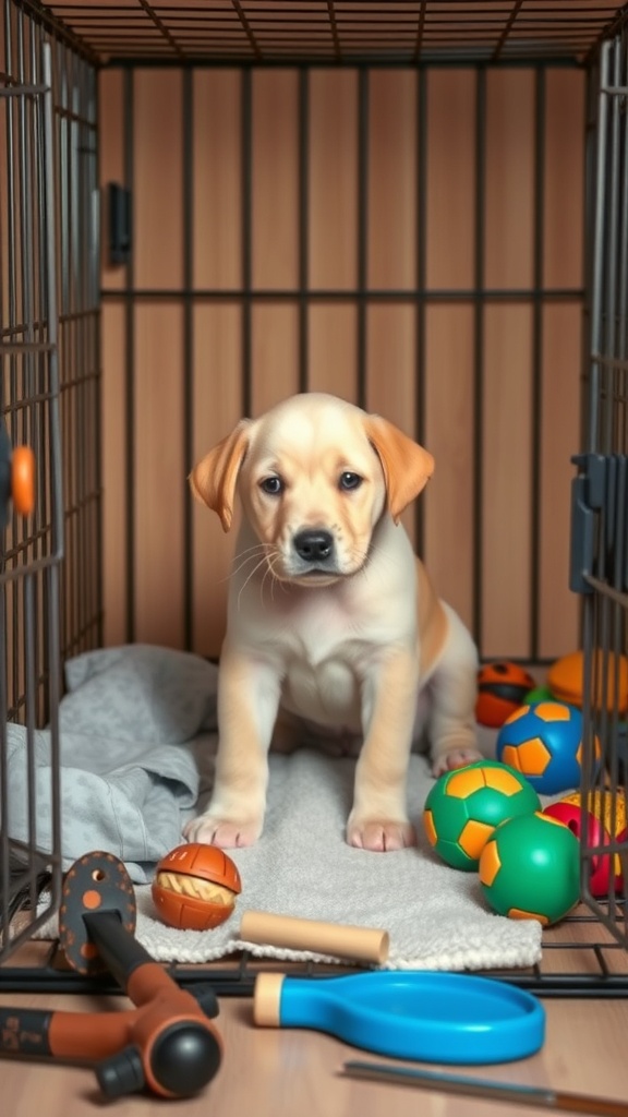 A puppy sitting in a crate with colorful toys around it