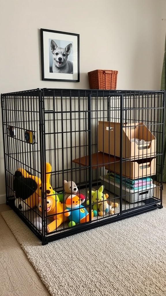 A large dog crate with built-in storage, featuring colorful toys and a shelf on top.