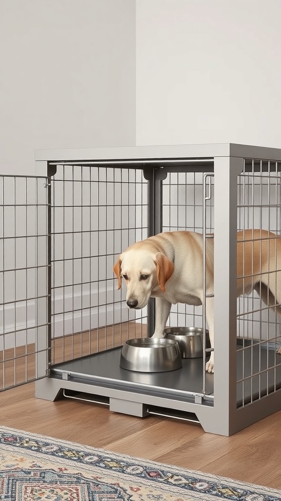 A dog inside a stylish crate with integrated feeding bowls.