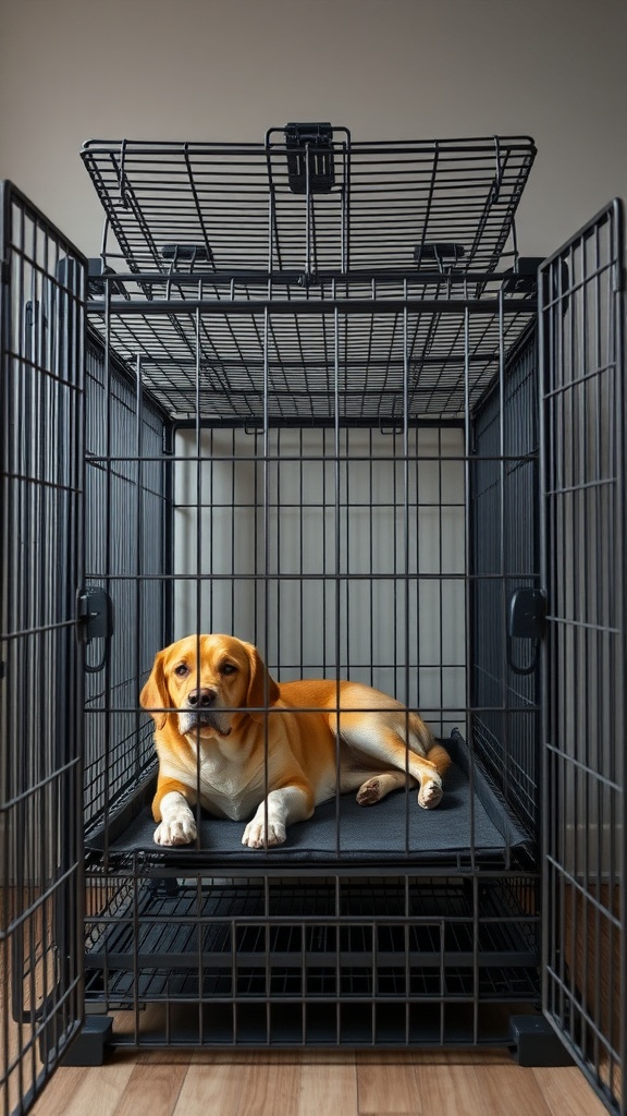 A large dog crate with a dog lying inside, showcasing ventilation and visibility features.