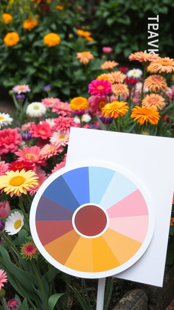 A color wheel placed in front of a vibrant flower garden, showcasing various colors of flowers.
