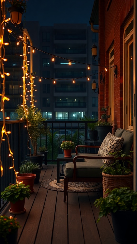 A cozy balcony garden with string lights, potted plants, and a comfortable seating area.