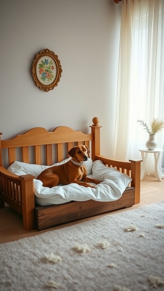 A wooden dog bed with a soft cushion, featuring a dog sitting comfortably on it in a cozy room.
