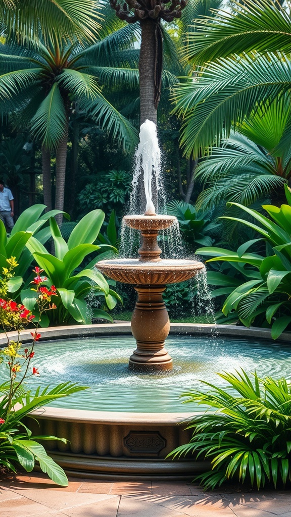 A beautiful fountain surrounded by tropical plants and flowers in a garden.