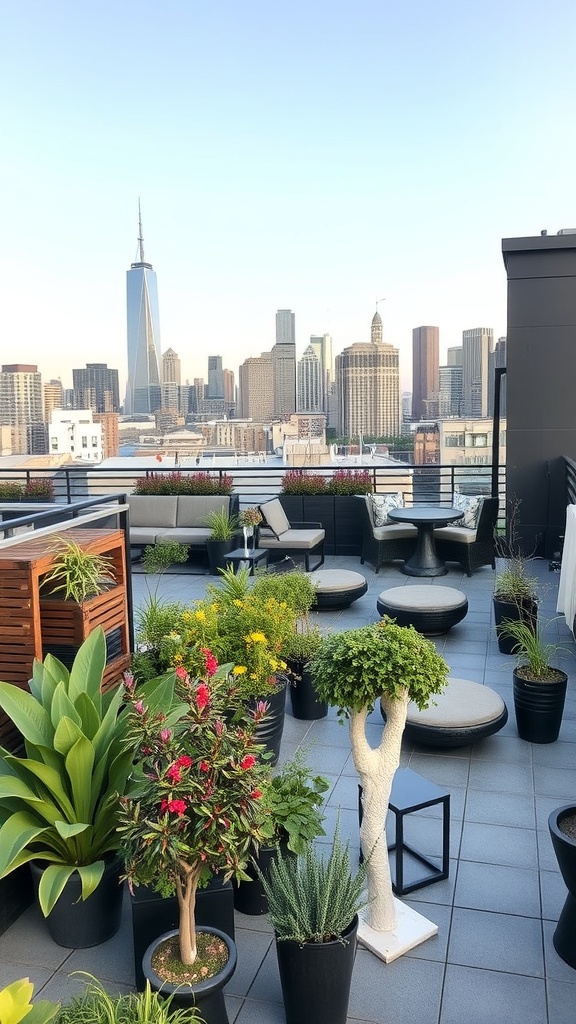 A rooftop garden with various plants and seating, overlooking a city skyline.