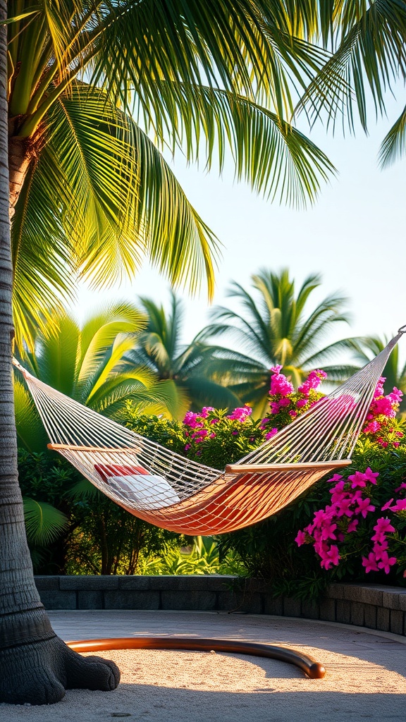 A cozy hammock between palm trees surrounded by vibrant flowers in a tropical garden.
