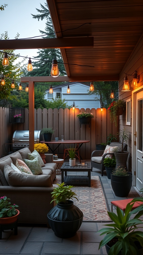 A cozy patio space with comfortable seating, string lights, and potted plants.