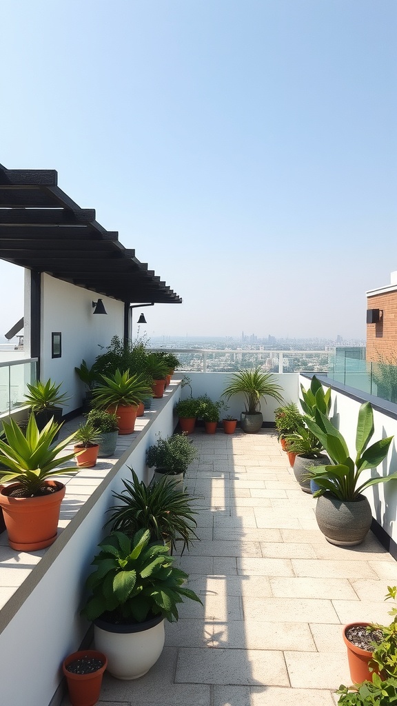 A rooftop garden with various potted plants and a clear sky.