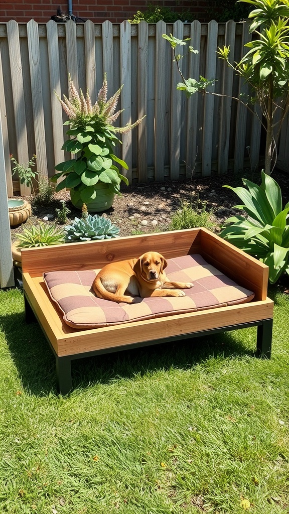 A weather-resistant elevated dog bed in a garden with a dog lounging on it.