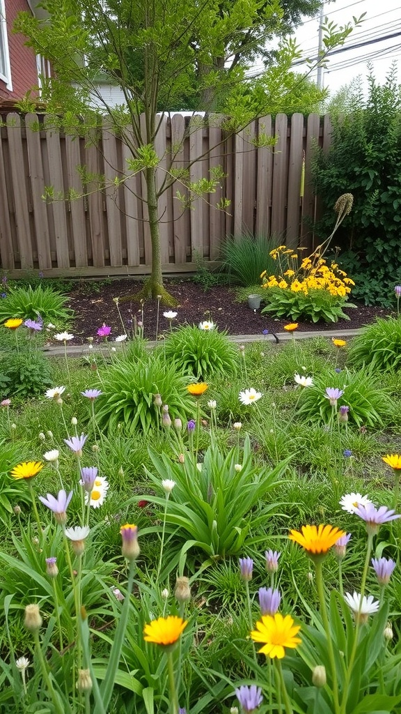 A vibrant wildflower meadow with various flowers in bloom, surrounded by greenery and a wooden fence.