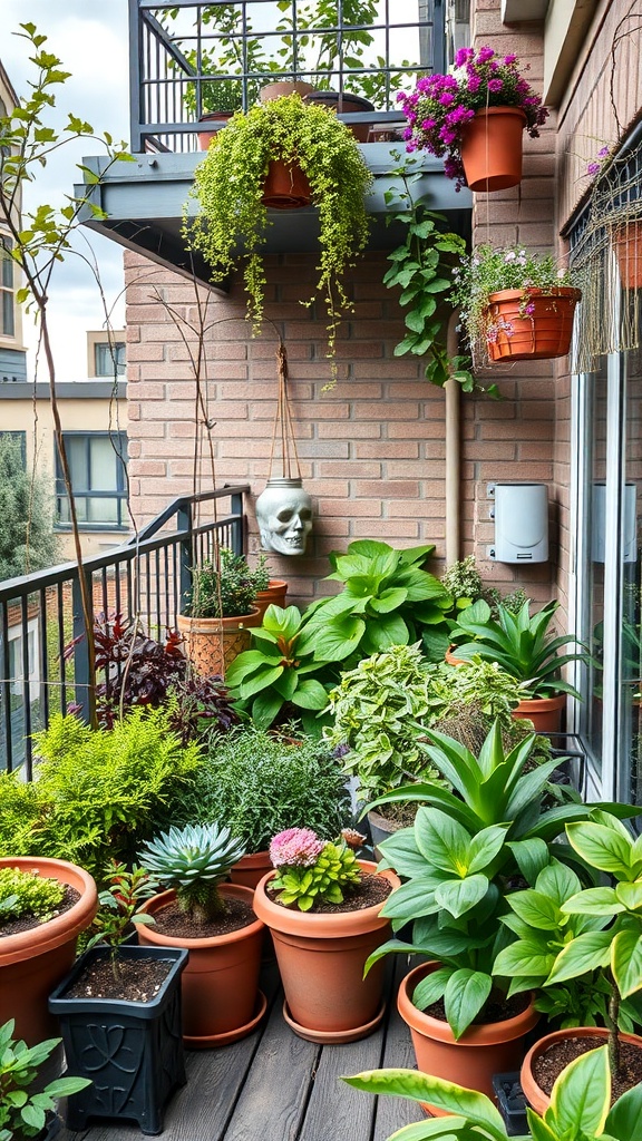 A vibrant balcony garden with various plants in pots, including hanging plants and a decorative skull planter.