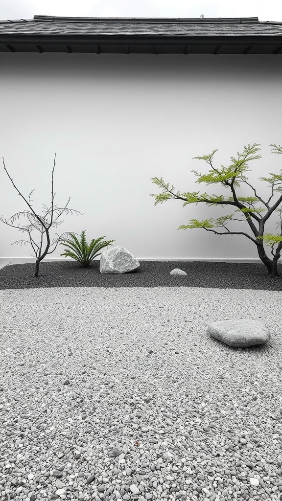 A minimalist Zen garden featuring gravel, stones, and sparse plants.