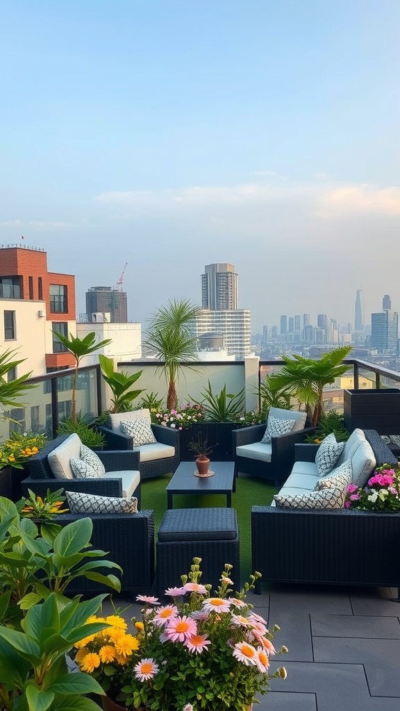 Cozy seating area in a roof garden with comfortable chairs, a table, and surrounding plants and flowers.