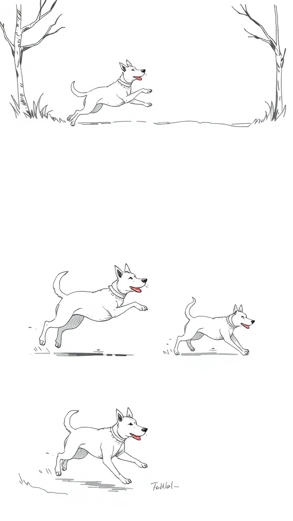 A sequence of a dog running, showing different dynamic poses.