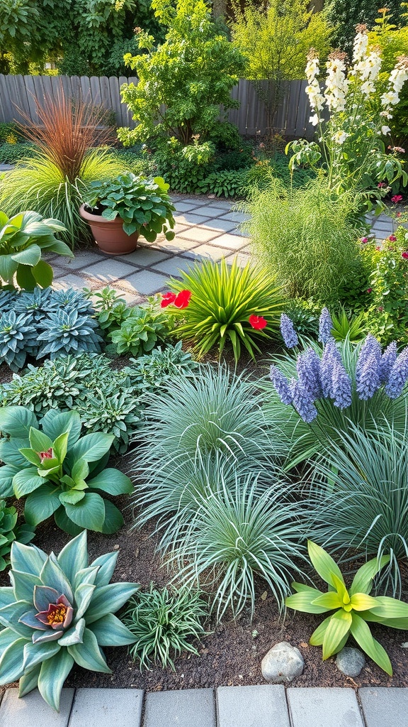 A tropical garden featuring various plants, including potted plants, arranged to create microclimates.