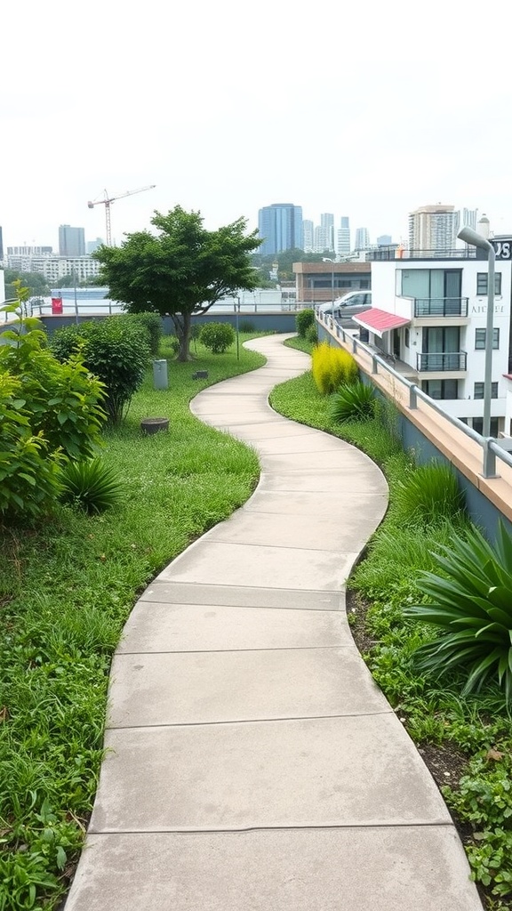 A winding concrete pathway surrounded by greenery in a roof garden, with a city skyline in the background.