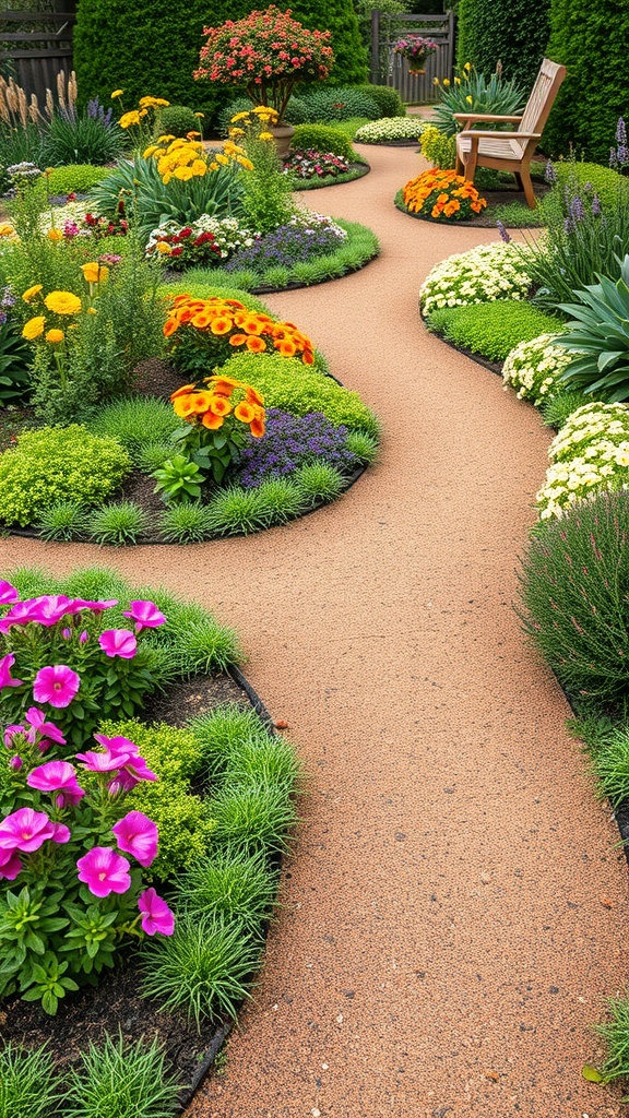 A winding pathway through a colorful cut flower garden with a bench.