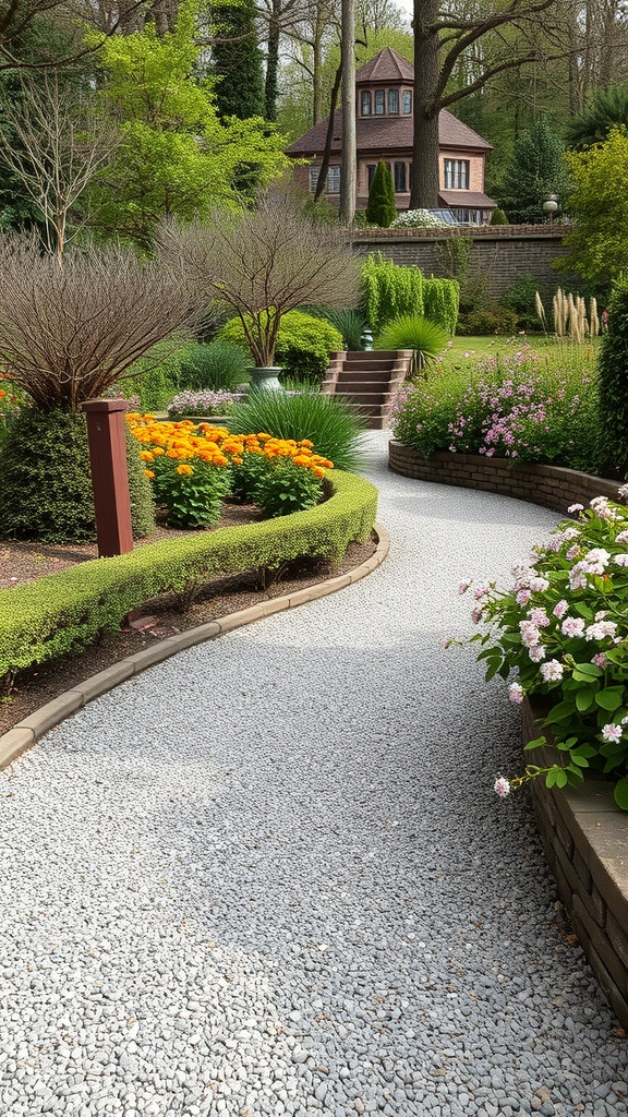 A winding gravel pathway surrounded by colorful flowers and greenery in a backyard.