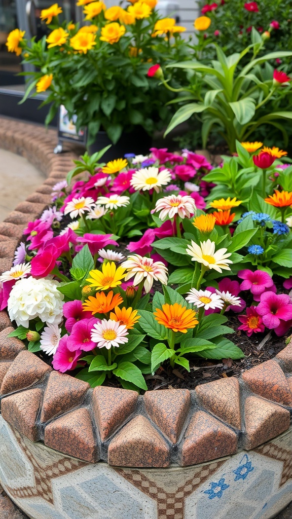 A colorful flower bed with a decorative stone border, showcasing various flowers like daisies and petunias.