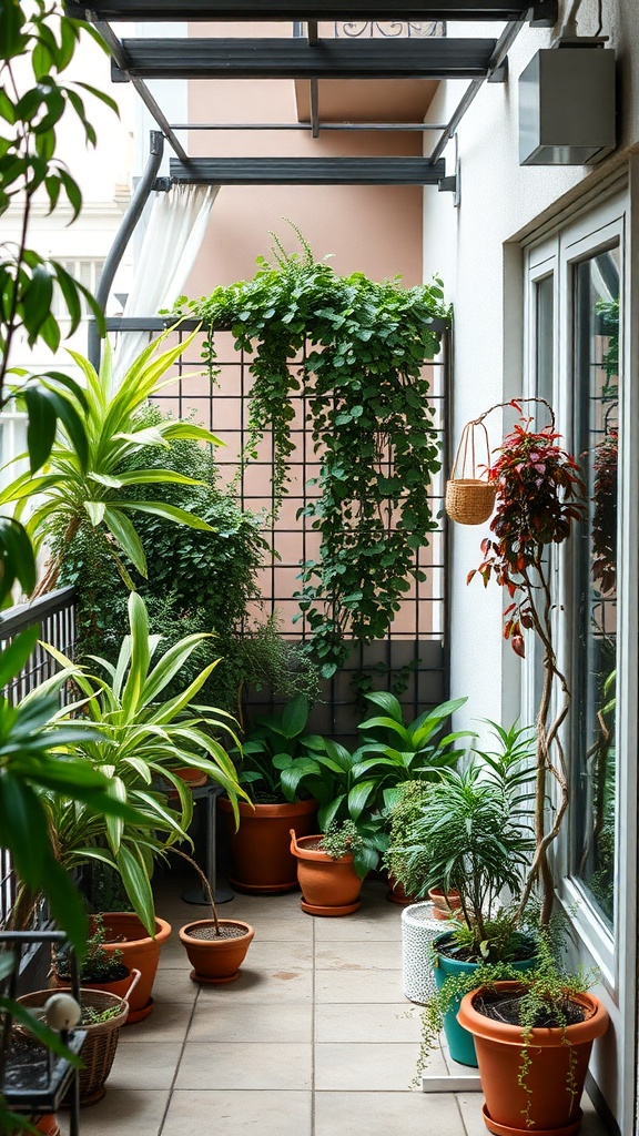 A small balcony garden filled with various plants in pots, creating a private and cozy atmosphere.