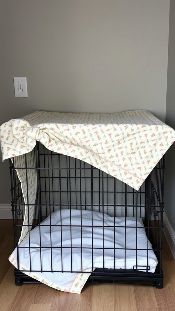 A dog crate covered with a patterned fabric, featuring a soft blanket inside.
