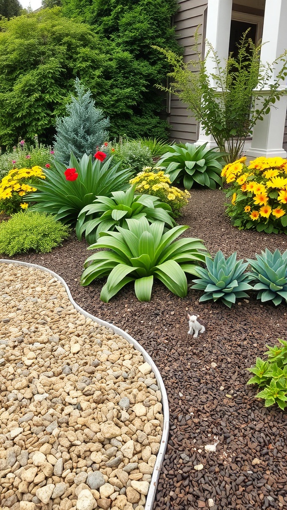 A landscaped front yard featuring colorful flowers and plants surrounded by mulch.