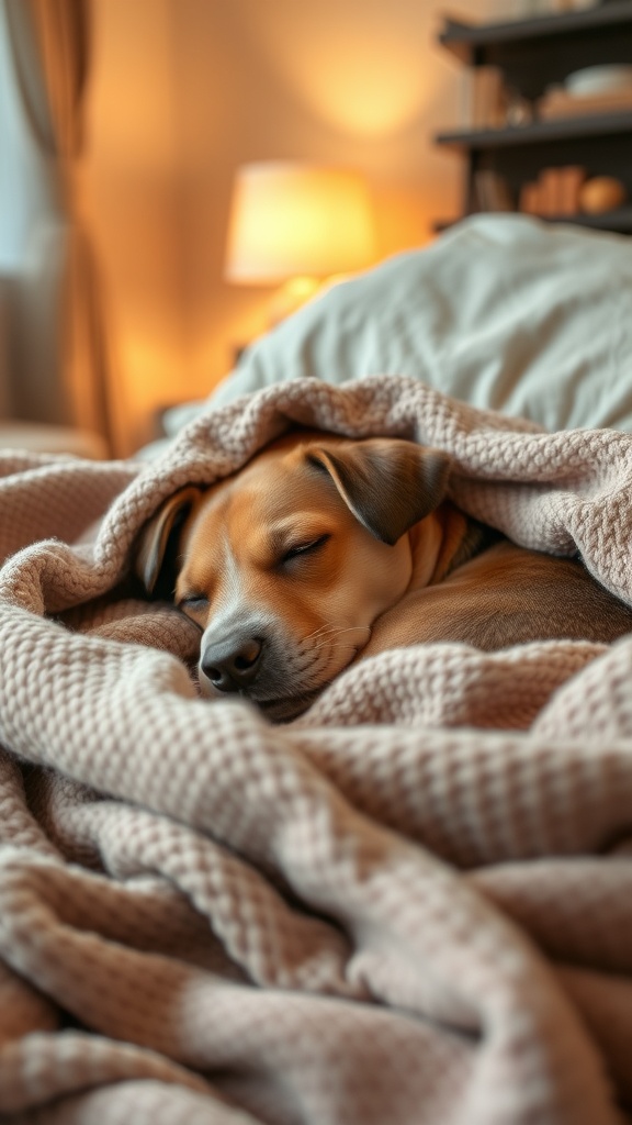 A dog peacefully sleeping wrapped in a cozy blanket, with soft lighting in the background.