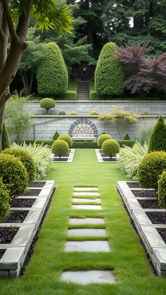 A beautifully landscaped garden featuring cultured stone edging, stone pathways, and lush green grass.