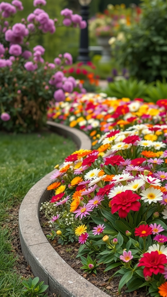 A flower bed with curved stone edging, featuring colorful flowers in red, pink, orange, and white.