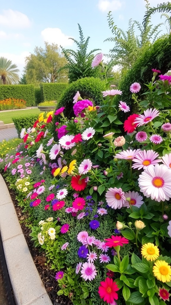 A colorful flower bed with curved edges featuring various blooming flowers.
