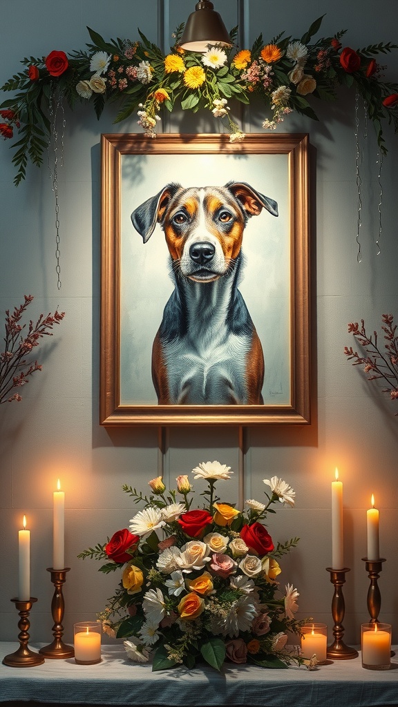 A custom pet portrait of a dog framed and surrounded by flowers and candles, creating a memorial display.