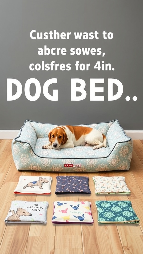 A cozy dog bed with a beagle lying on it, surrounded by colorful cushion covers.