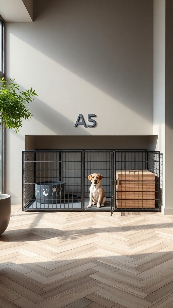 A customizable modular dog crate setup with a dog sitting inside, featuring a metal frame and wooden storage.