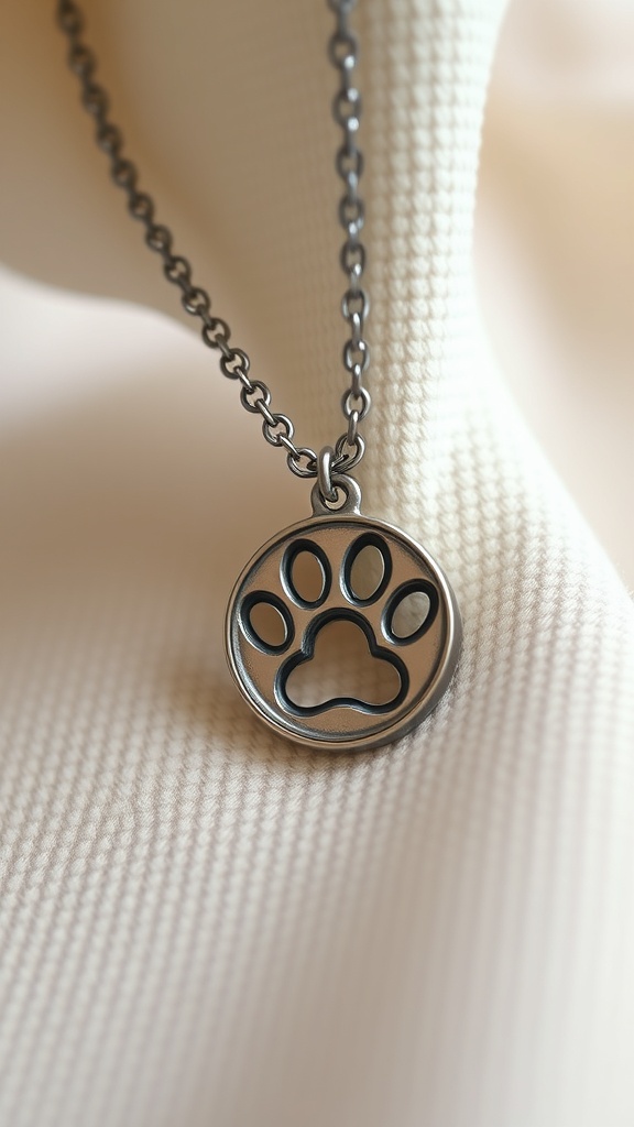 A close-up of a silver necklace with a paw print pendant.
