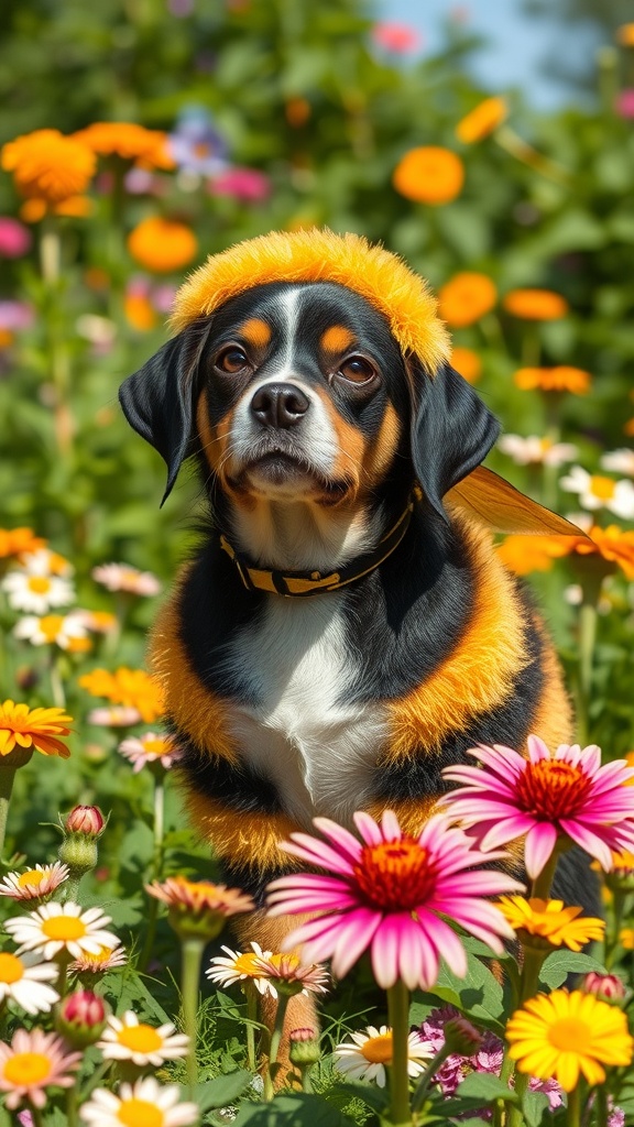 A dog wearing a cute bumblebee costume surrounded by colorful flowers.